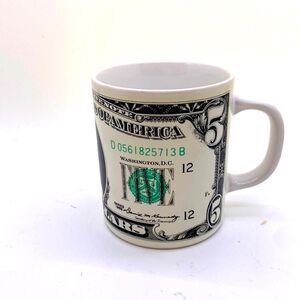 Vintage Five Dollar Bill Mug Ceramic Currency Coffee Cup Collectible Novelty